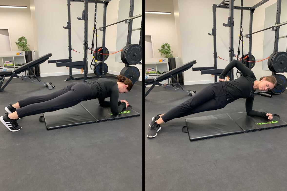 Chiropractor performing front and side plank exercise on gym floor